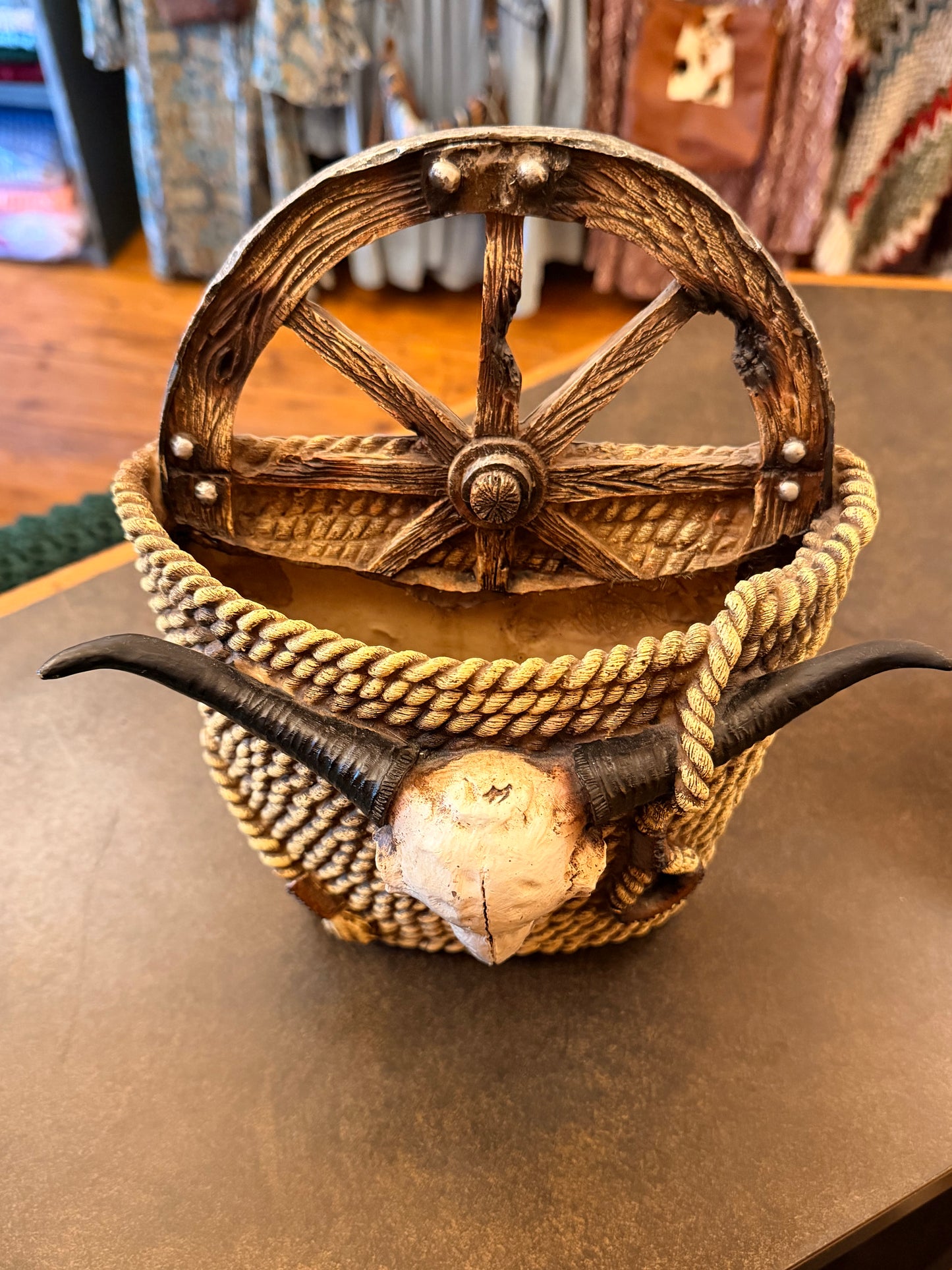 Longhorn Wagon Wheel Wall Basket